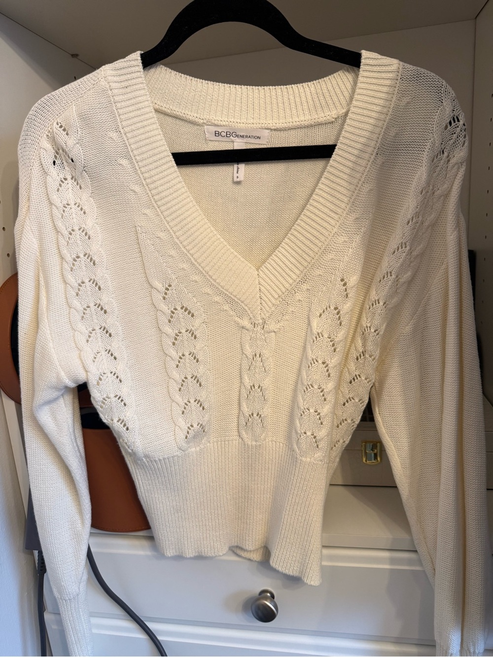 BCBGeneration Cream V-Neck Cable Knit Sweater